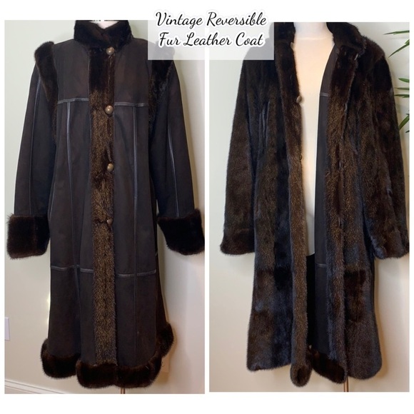 Vintage Reversible Genuine Mink luxurious Brown Suede Leather Long Fur Coat - Picture 1 of 17